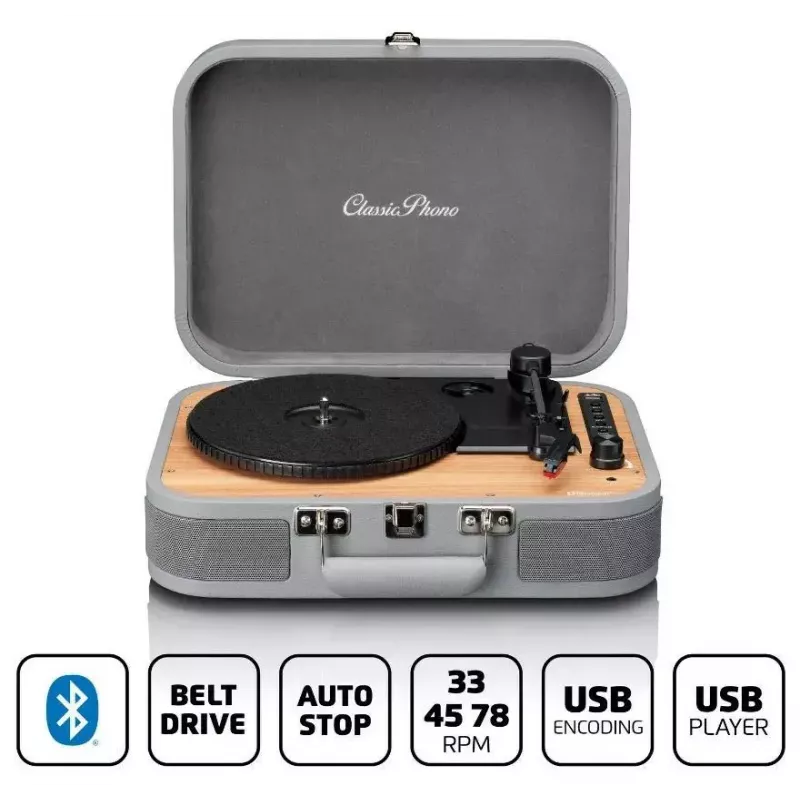 Lagamino tipo patefonas Lenco TT-116GR nešiojamasis vinilo grotuvas su Bluetooth 5.0, USB, AUX, įmontuotais garsiakalbiais, 4 W, palaiko 7/10/12 colių plokšteles