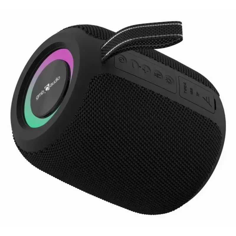 Monofoninis nešiojamas garsiakalbis GEMBIRD GMB Audio SPK-BT-LED-05-BK — 8 W RMS, 6,6 cm tvarkyklė, Bluetooth, MicroSD palaikymas, juodas cilindras