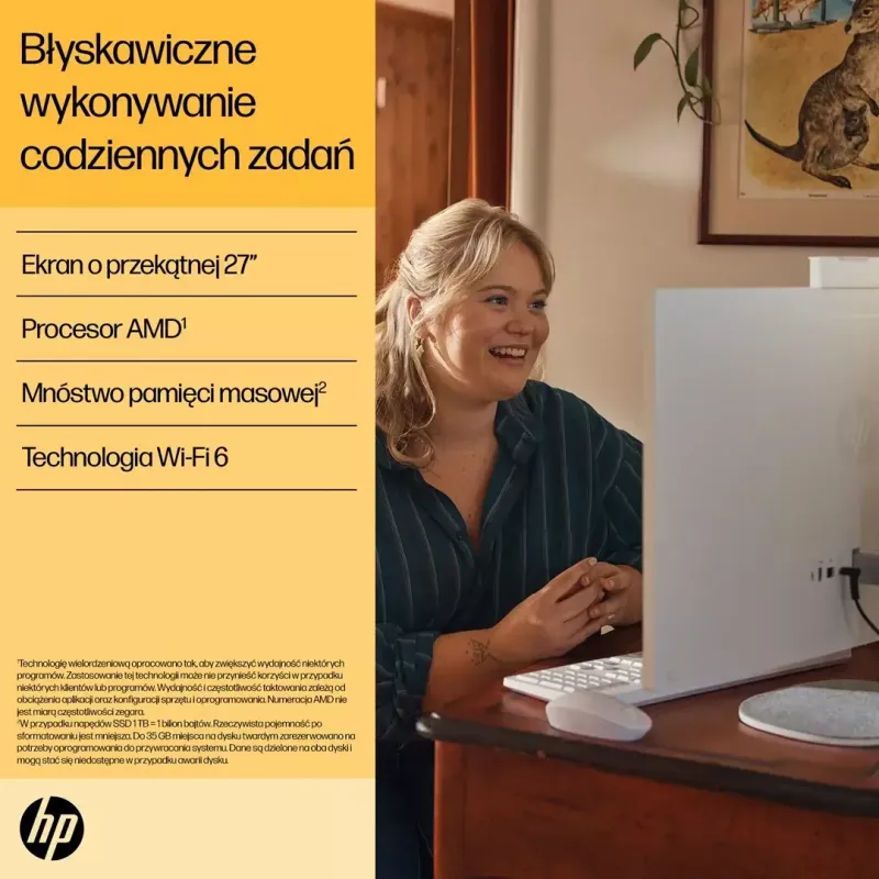 „Viskas viename“ kompiuteris HP 27-cr0232nw — AMD Ryzen 5 7520U, 16 GB RAM, 512 GB SSD, 27 colių FHD, „Windows 11 Home“, „Wi‑Fi 6“ (balta)