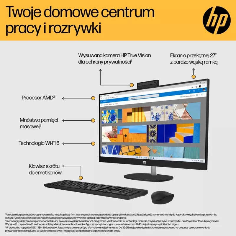 „Viskas viename“ kompiuteris HP 27-cr0232nw — AMD Ryzen 5 7520U, 16 GB RAM, 512 GB SSD, 27 colių FHD, „Windows 11 Home“, „Wi‑Fi 6“ (balta)