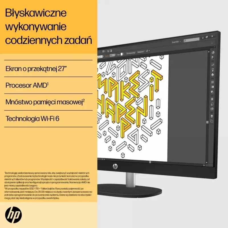 „Viskas viename“ kompiuteris HP 27-cr0232nw — AMD Ryzen 5 7520U, 16 GB RAM, 512 GB SSD, 27 colių FHD, „Windows 11 Home“, „Wi‑Fi 6“ (balta)