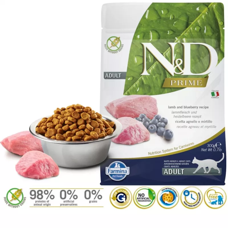 FARMINA N&D Prime Cat Lamb and Blueberry Adult - sausas kačių ėdalas - 300 g