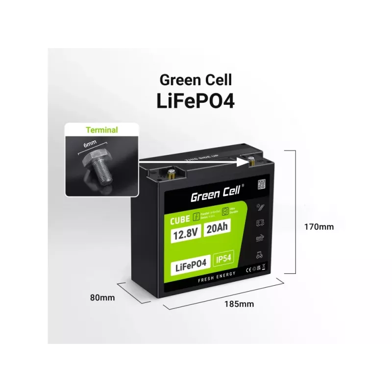 UPS akumuliatorius Green Cell GC-LFPGC12V20AH ličio geležies fosfatas 12,8 V 20 Ah, 256 Wh, 185x80x170 mm, 3 kg