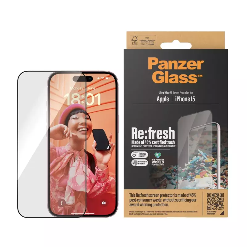 PanzerGlass® Re:fresh ekrano apsauginė plėvelė iPhone 15 itin plataus pritaikymo EasyAligner smūgiams atspari permatoma