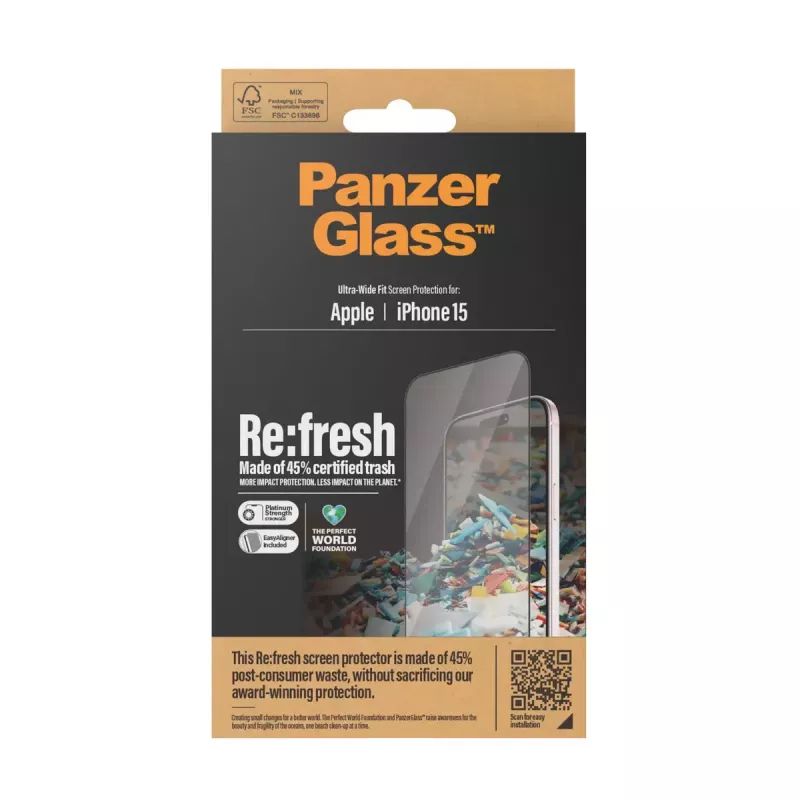 PanzerGlass® Re:fresh ekrano apsauginė plėvelė iPhone 15 itin plataus pritaikymo EasyAligner smūgiams atspari permatoma
