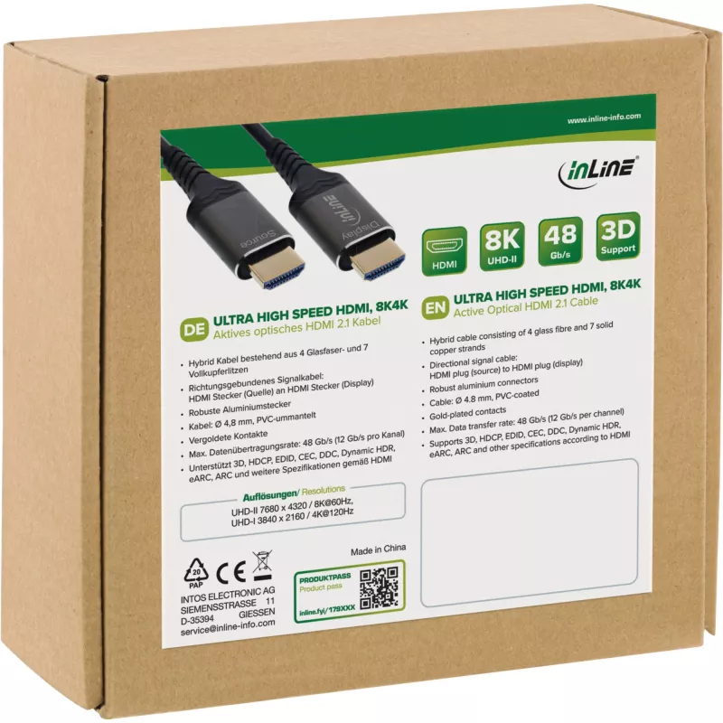 InLine HDMI AOC kabelis 17915X Ultra High Speed 8K, aktyvus optinis, 15 m