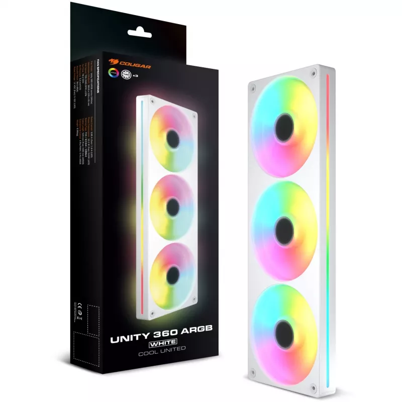 COUGAR Unity360-FB 360 mm vieno rėmo ARGB PWM atvirkštinis ventiliatorius, 120 mm x3, 700–1600 RPM, FDB, baltos spalvos