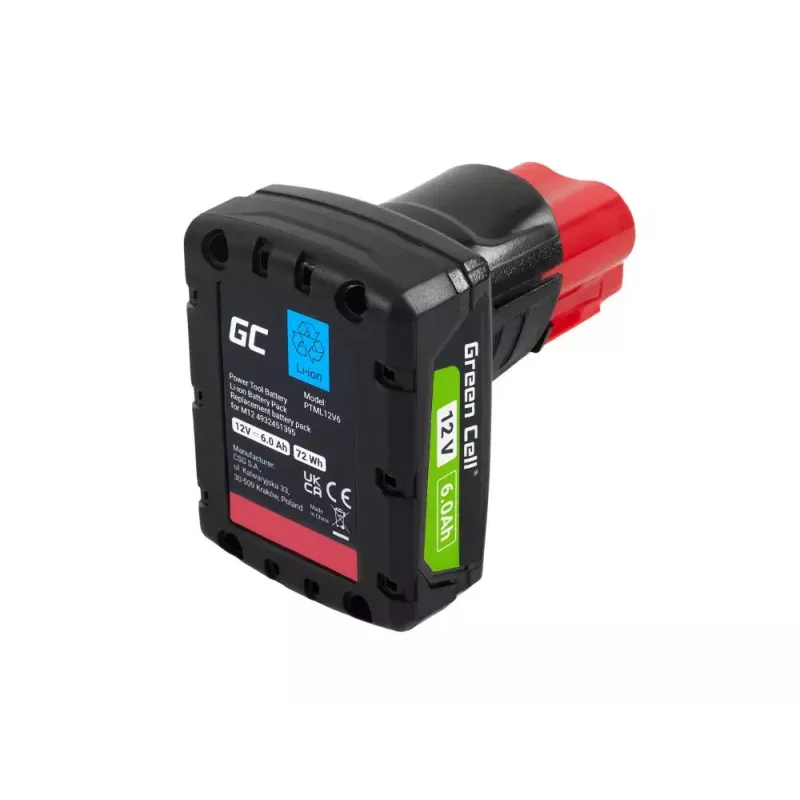 Belaidžių įrankių baterija Green Cell PTML12V6 12V Li-Ion 6 Ah, matmenys 6,6×9×11,1 cm