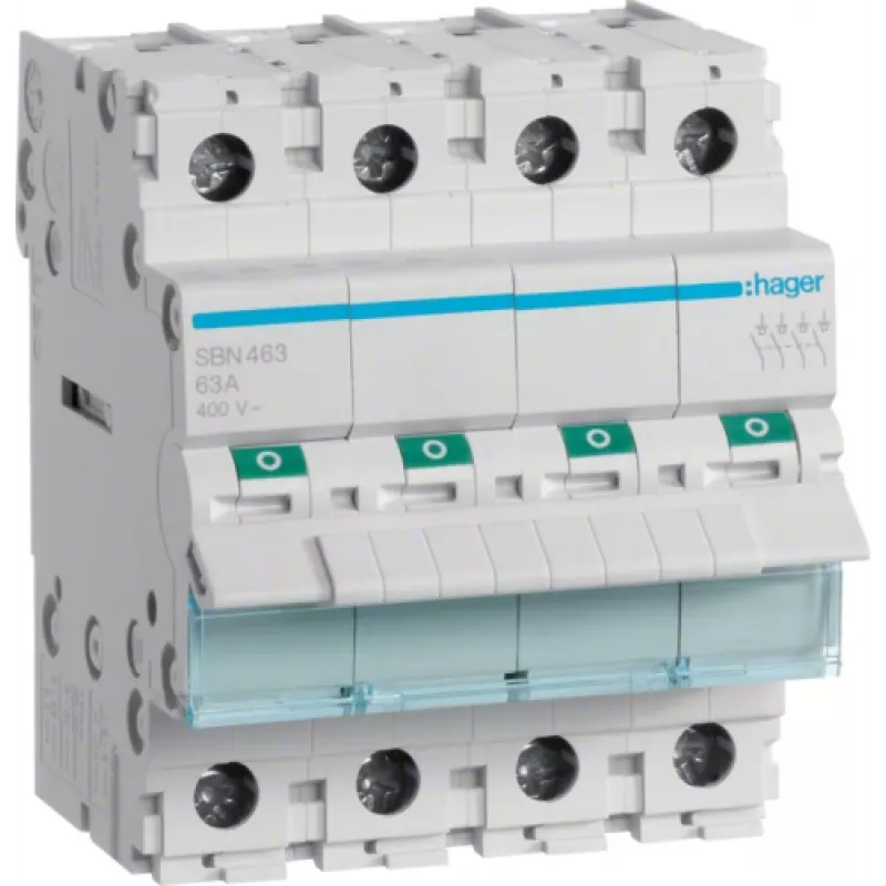 Automatinis jungiklis Hager SBN463 — 63 A, ritės įtampa iki 440 V, 4 moduliai, IP20