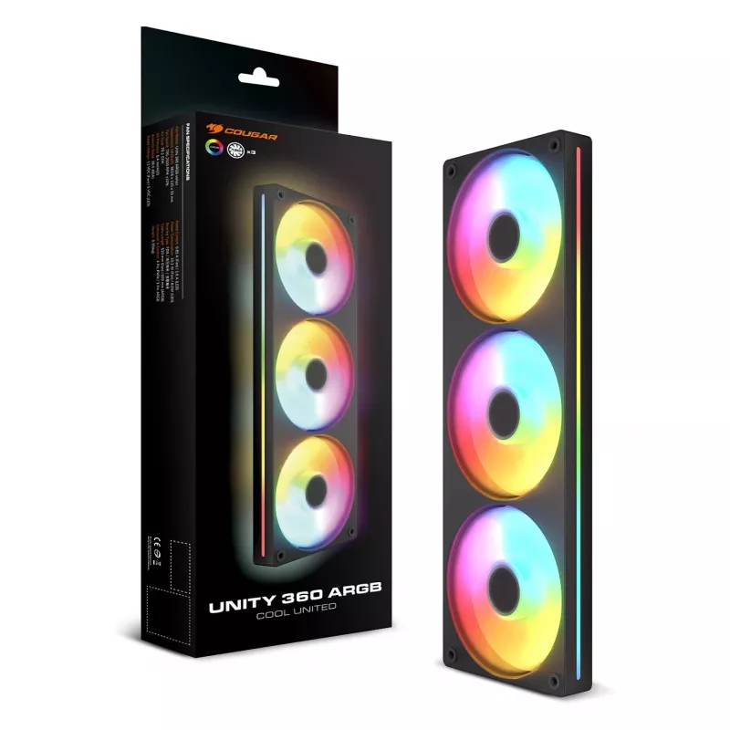 Ventiliatorius COUGAR Unity360-FB vieno rėmo 360 ARGB PWM atvirkštinis, 120 mm, 700–1600 RPM, FDB, juodas