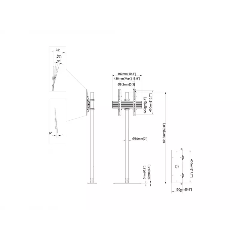 Ant grindų montuojamas stiebas MULTIBRACKETS M Single Pole Floormount Pro 32 colių–65 colių ekranams, 50 kg, VESA 100×100–400×400, pakreipimas -6°–15°, juodas