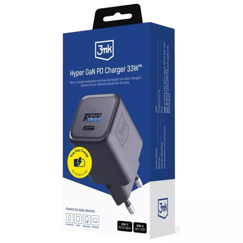 Įkroviklis 3MK Hyper Charger PD 33W GaN QC4+ juodas — 33 W PD greitasis įkroviklis su GaN technologija