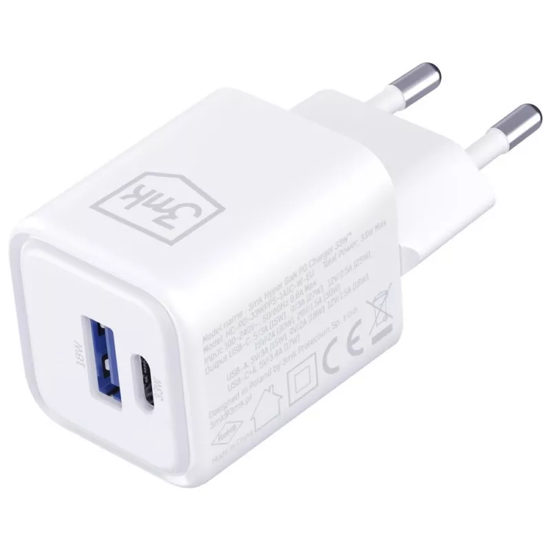 Sieninis įkroviklis 3MK Hyper Charger PD 33W GaN QC4+ baltas — USB‑C PD 33W, GaN, Quick Charge 4+