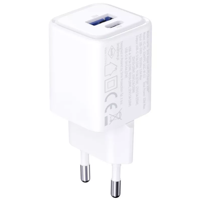 Sieninis įkroviklis 3MK Hyper Charger PD 33W GaN QC4+ baltas — USB‑C PD 33W, GaN, Quick Charge 4+