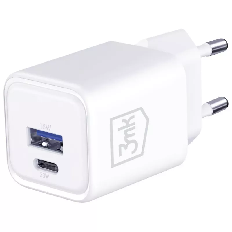Sieninis įkroviklis 3MK Hyper Charger PD 33W GaN QC4+ baltas — USB‑C PD 33W, GaN, Quick Charge 4+