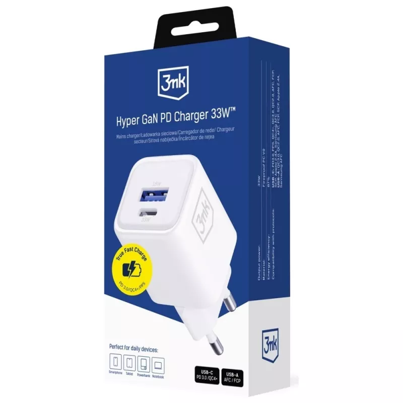 Sieninis įkroviklis 3MK Hyper Charger PD 33W GaN QC4+ baltas — USB‑C PD 33W, GaN, Quick Charge 4+