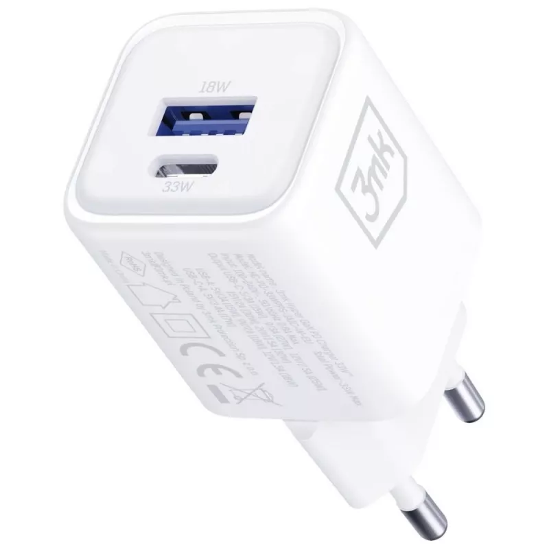 Sieninis įkroviklis 3MK Hyper Charger PD 33W GaN QC4+ baltas — USB‑C PD 33W, GaN, Quick Charge 4+