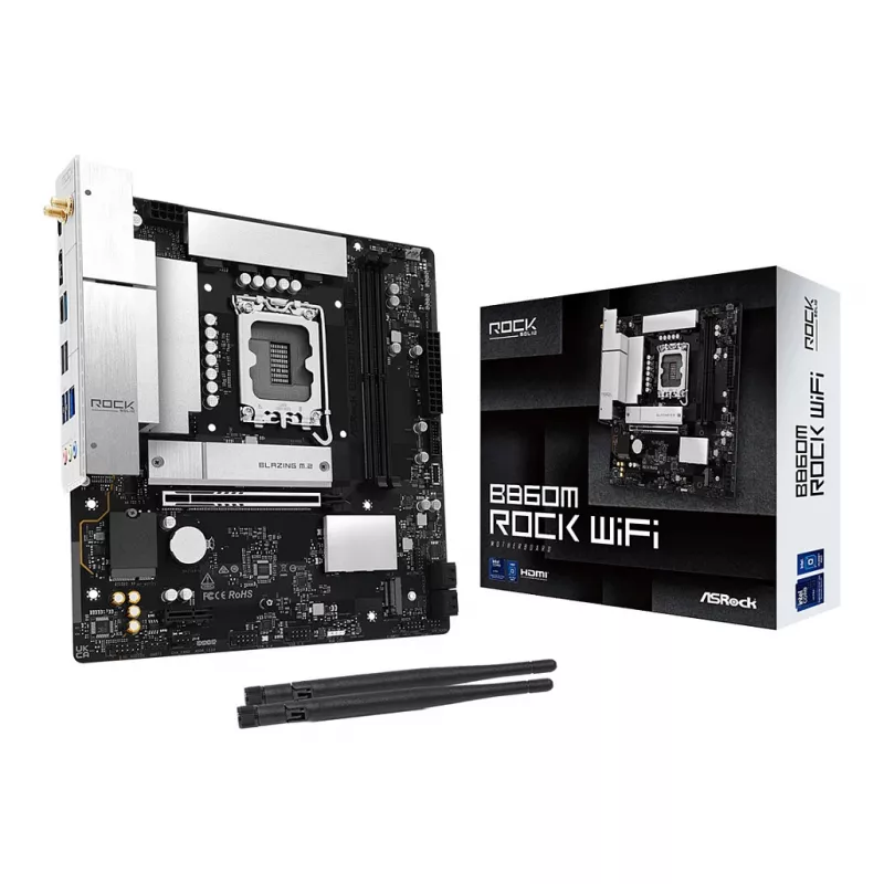 ASRock B860M Rock WiFi pagrindinė plokštė (mATX, Intel LGA 1851, DDR5, HDMI, DisplayPort)