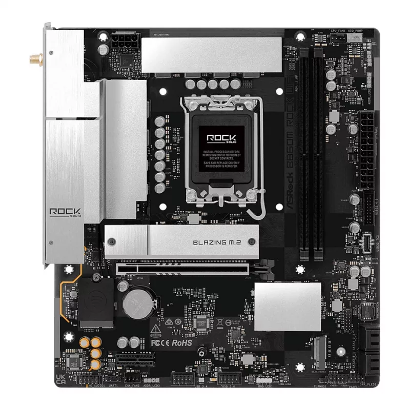 ASRock B860M Rock WiFi pagrindinė plokštė (mATX, Intel LGA 1851, DDR5, HDMI, DisplayPort)