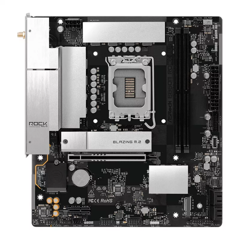 ASRock B860M Rock WiFi pagrindinė plokštė (mATX, Intel LGA 1851, DDR5, HDMI, DisplayPort)