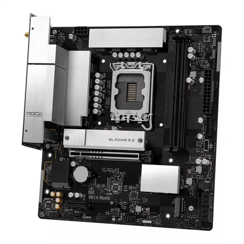 ASRock B860M Rock WiFi pagrindinė plokštė (mATX, Intel LGA 1851, DDR5, HDMI, DisplayPort)
