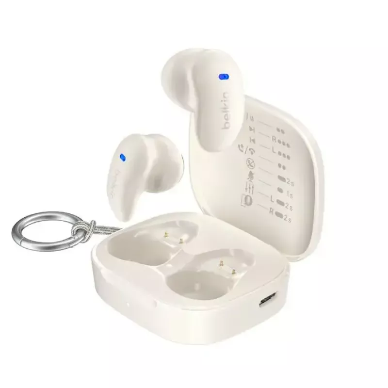 Ausinės Belkin SoundForm Anywhere — į ausis įdedamos laidinės ir belaidės (USB-C, Bluetooth), baltos, 4 g