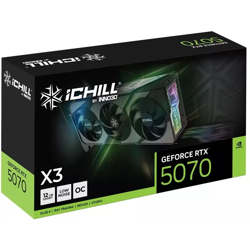 Vaizdo plokštė Inno3D iChill GeForce RTX 5070 X3 — 12 GB GDDR7, 192 bitų, PCIe 5.0