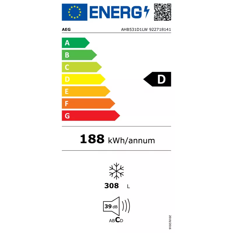 Šaldomoji spinta AEG AHB531D1LW – pastatoma, 308 L talpa, 4* žvaigždutės, 21 kg/24h šaldymo pajėgumas, D energijos klasė, balta