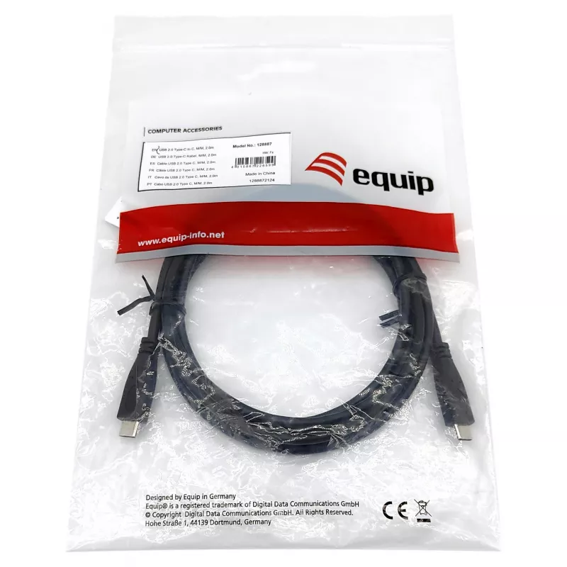EQUIP USB 2.0 Type-C į Type-C laidas V/V 0,3 m PD 60 W, 0,48 Gbit/s, nikeliuoti kontaktai, juodas