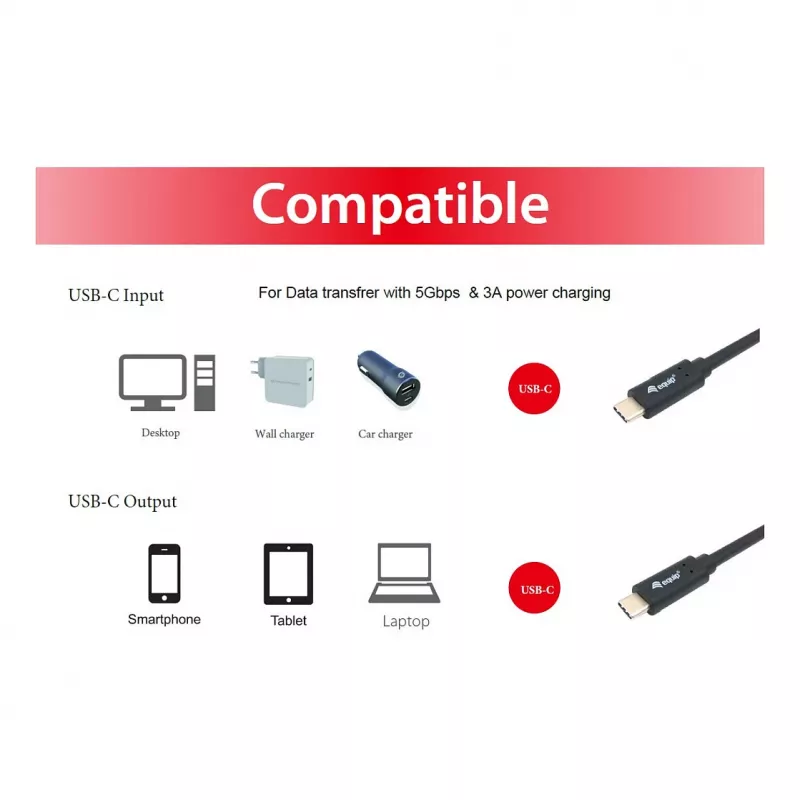 USB-C į USB-C laidas EQUIP 128348, USB 3.2 Gen 1 (5 Gbps), PD 60W, 0,5 m, juodas