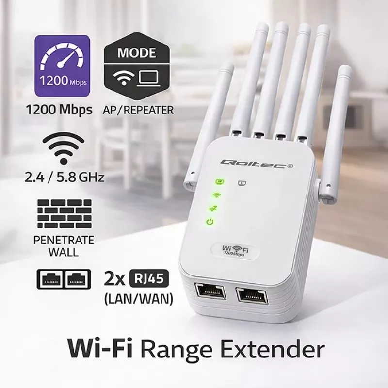 „Wi‑Fi“ signalo stiprintuvas QOLTEC AC1200 – QOLTEC AC1200 dviejų juostų signalo stiprintuvas