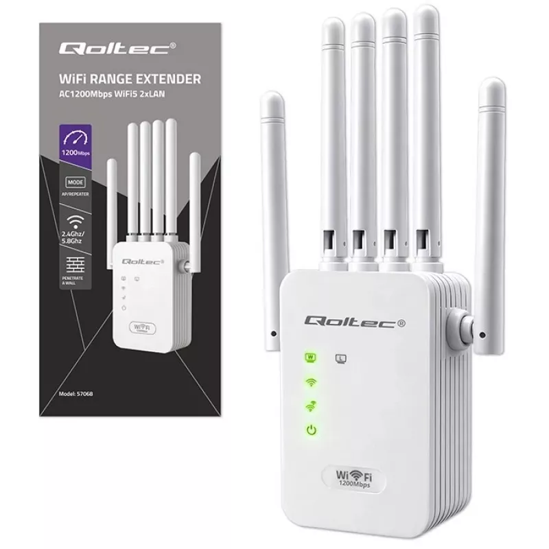 „Wi‑Fi“ signalo stiprintuvas QOLTEC AC1200 – QOLTEC AC1200 dviejų juostų signalo stiprintuvas