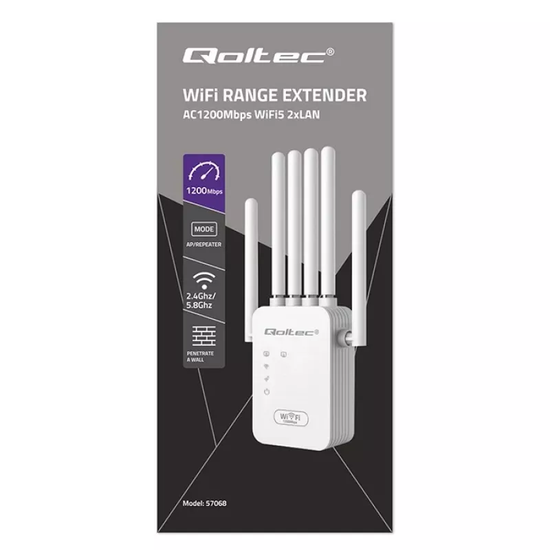„Wi‑Fi“ signalo stiprintuvas QOLTEC AC1200 – QOLTEC AC1200 dviejų juostų signalo stiprintuvas