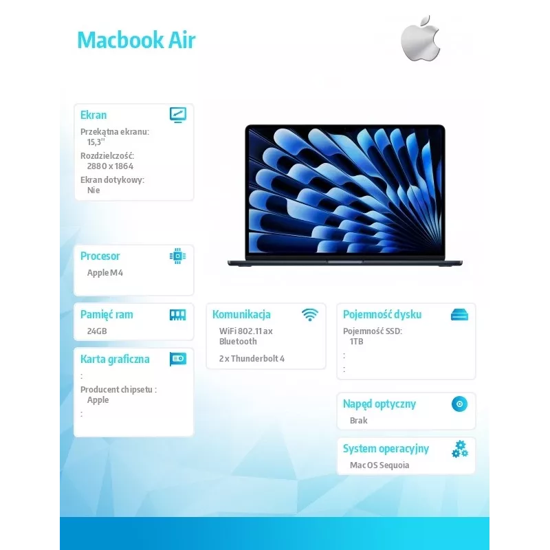 Nešiojamasis kompiuteris Apple MacBook Air M4 15,3 col. 24 GB 1 TB macOS “Midnight” 70 W