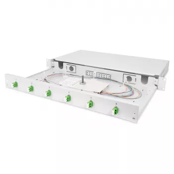 Šviesolaidžio sujungimo dėžutė DIGITUS DN-96330/9APC 1U, su 6x LC-APC DX, OS2, polimeras / plienas, šviesiai pilka