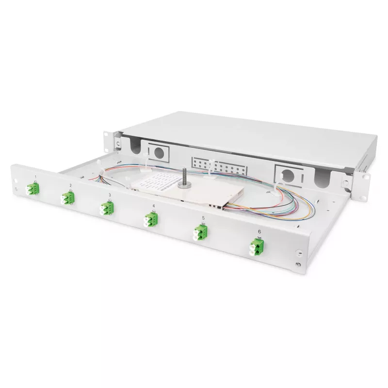Šviesolaidžio sujungimo dėžutė DIGITUS DN-96330/9APC 1U, su 6x LC-APC DX, OS2, polimeras / plienas, šviesiai pilka