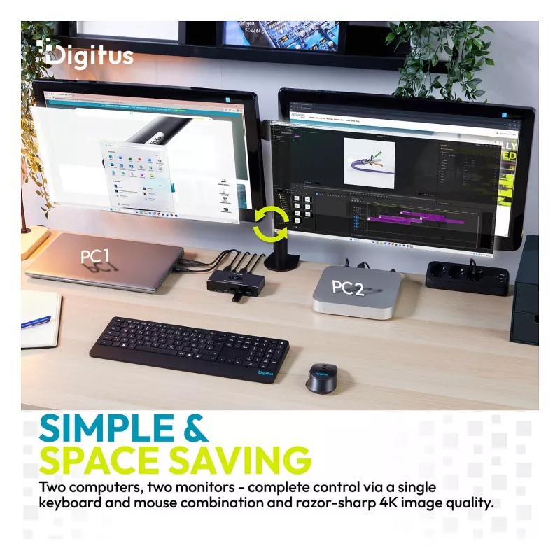 KVM jungiklis DIGITUS DS-12856 USB-C/USB-A 2 prievadų dvigubas HDMI 4K60Hz (USB 3.2 Gen 1)