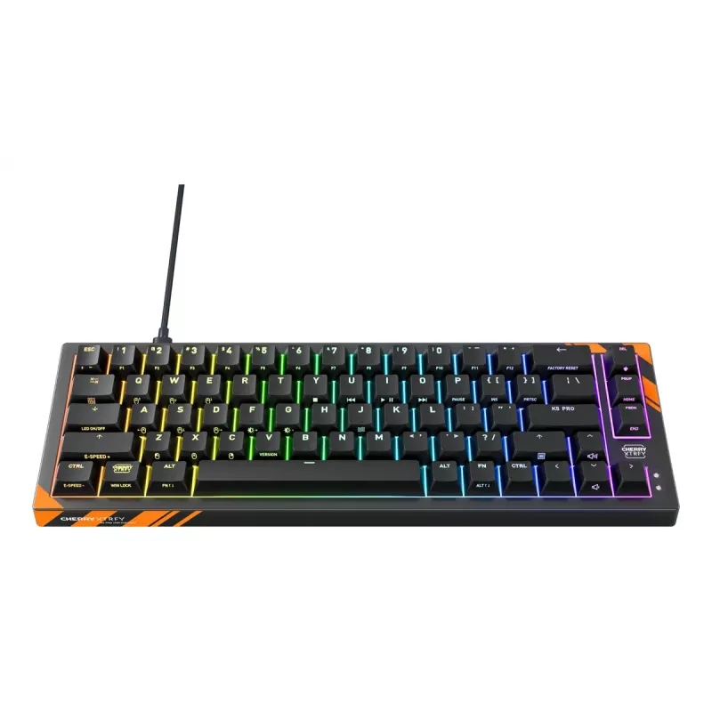 Mechaninė žaidimų klaviatūra Cherry K5 Pro TMR Compact — 65 % QWERTY US, laidinė USB, RGB, juoda / oranžinė