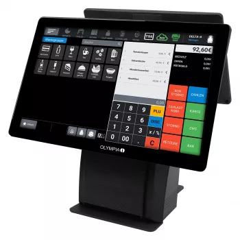„Viskas viename“ Olympia T215K 15 colių (38,1 cm) jutiklinis, Android 11, tiesioginio terminio spausdinimo spausdintuvas (8 cm), juodas