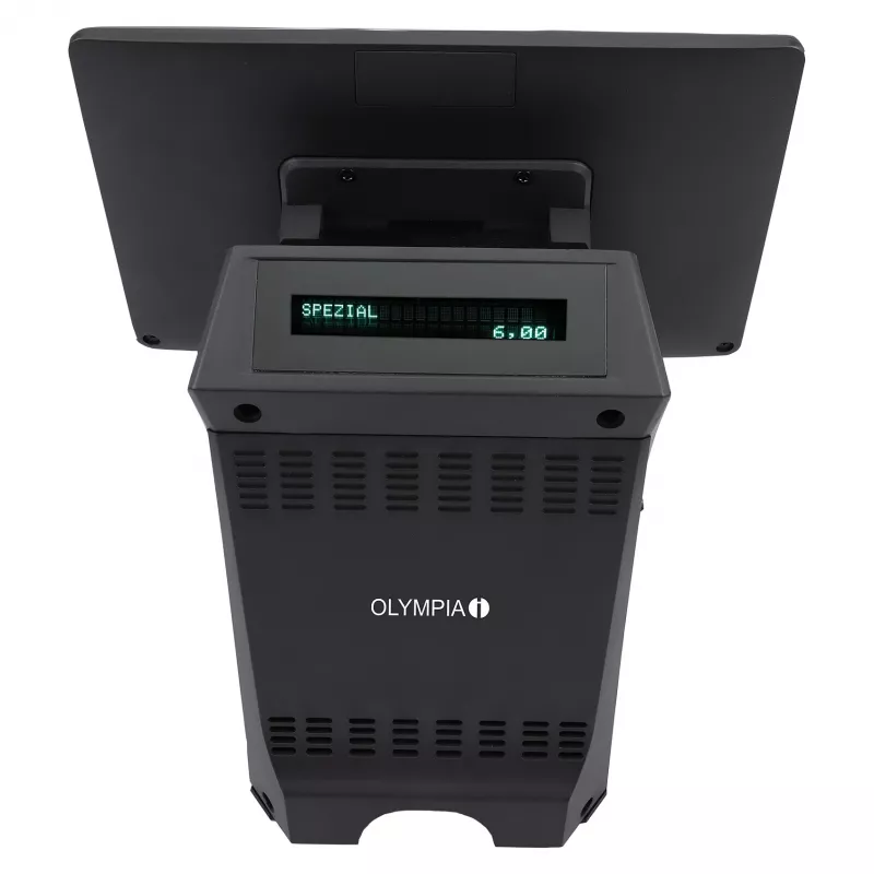 „Viskas viename“ Olympia T215K 15 colių (38,1 cm) jutiklinis, Android 11, tiesioginio terminio spausdinimo spausdintuvas (8 cm), juodas