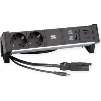 Maitinimo modulis Bachmann DESK2 ALU Juoda — stalinis maitinimo blokas su 2x CEE7/3 lizdais, 1,0 m kabeliu, 1x USB įkrovikliu 22W