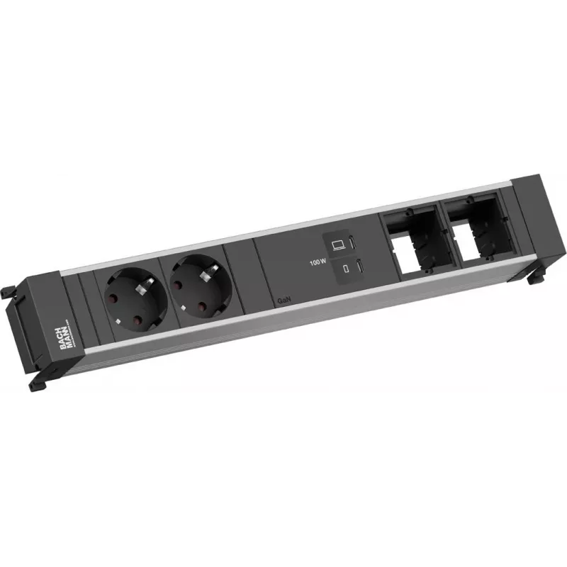 Maitinimo rėmo lizdas Bachmann BM0023845 su 2x CEE7/3 lizdais, 1x USB-C (100W), 2x jungčių moduliais, 0,2 m kabeliu