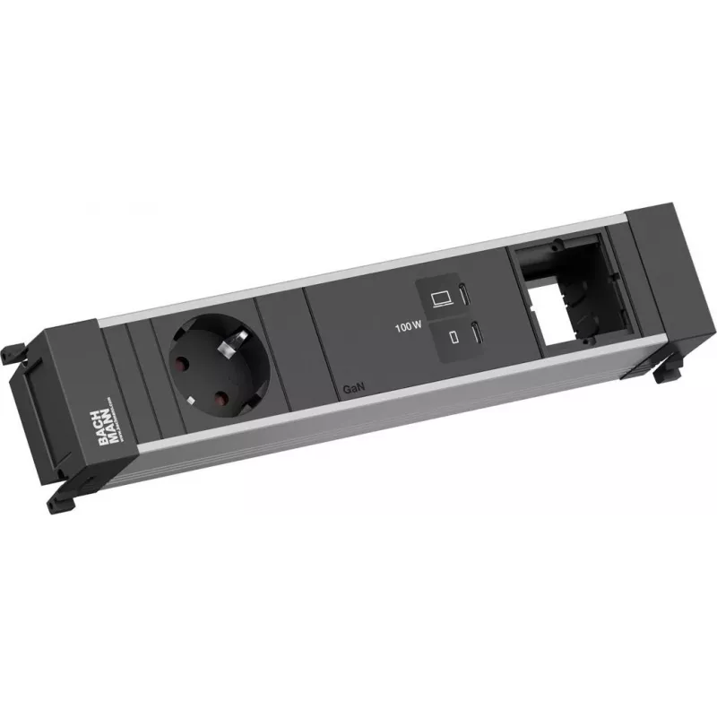 Power Frame maitinimo lizdas Bachmann BM0023849 su 1x CEE7/3, 1x USB-C PD 100W ir 1x jungtimi, 0,2 m kabelis