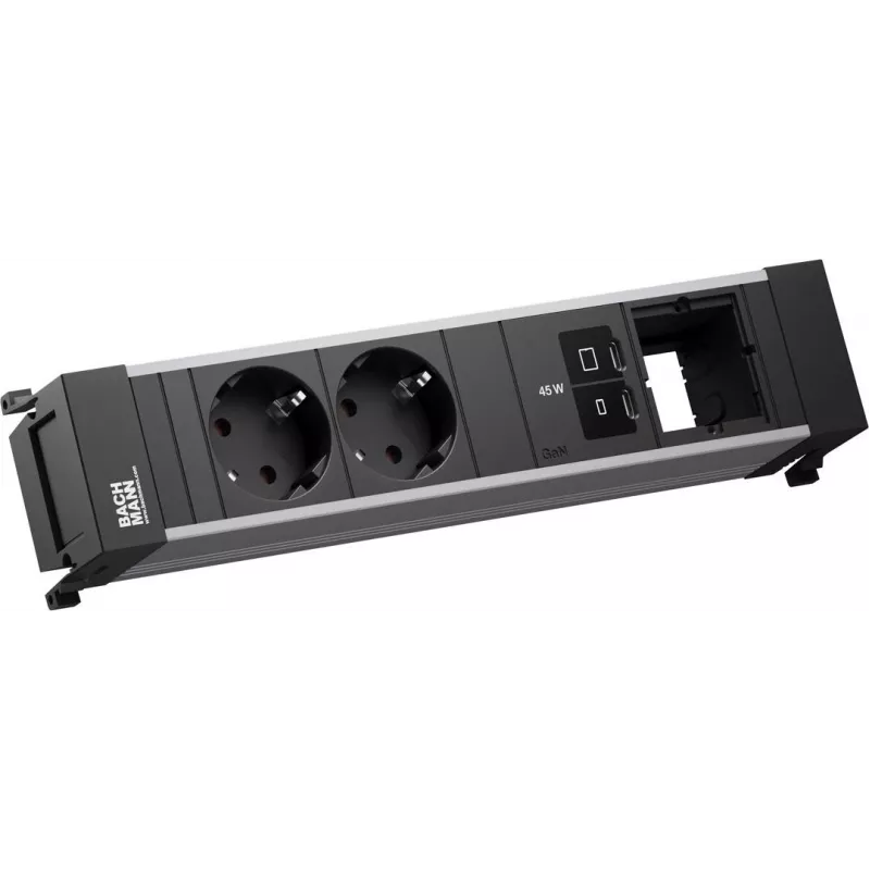 Maitinimo rėmelio lizdas Bachmann BM0024207 su 2x CEE7/3 lizdais, 1x USB-C PD 45W, 1x jungties moduliu, 0,2 m laidu
