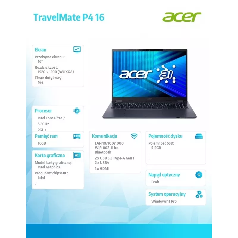 Acer TravelMate P4 TMP416-54-TCO nešiojamasis kompiuteris su Intel Ultra 7 255U, 16 GB RAM, 512 GB SSD, Windows 11 Pro