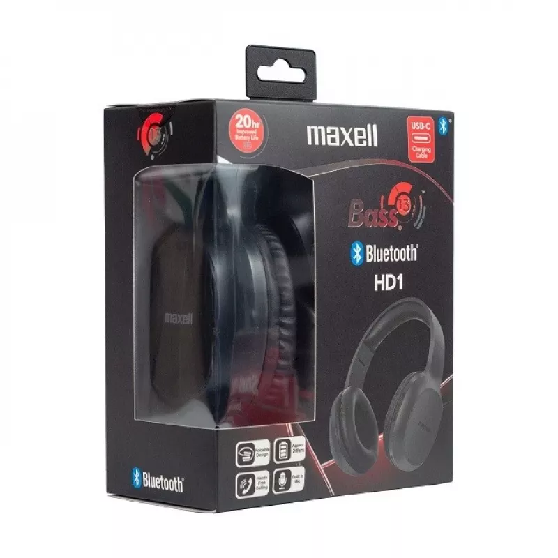 MAXELL HD1 BASS Bluetooth ausinės su USB-C įkrovimu, bosine garsą pabrėžiančiomis savybėmis, belaidės, ant ausų dedamos