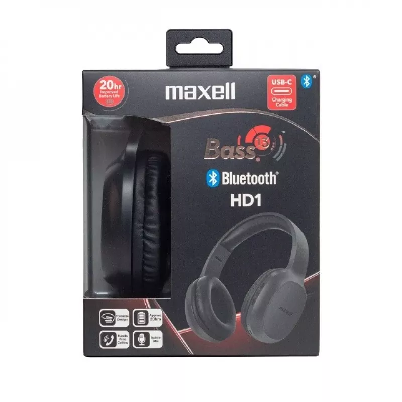 MAXELL HD1 BASS Bluetooth ausinės su USB-C įkrovimu, bosine garsą pabrėžiančiomis savybėmis, belaidės, ant ausų dedamos