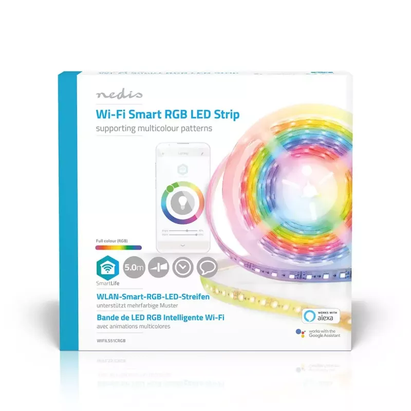 Išmanioji juostelė Nedis WIFILS51CRGB — Wi‑Fi, RGB, 24 W, 1 m laidas, 12 mm plotis