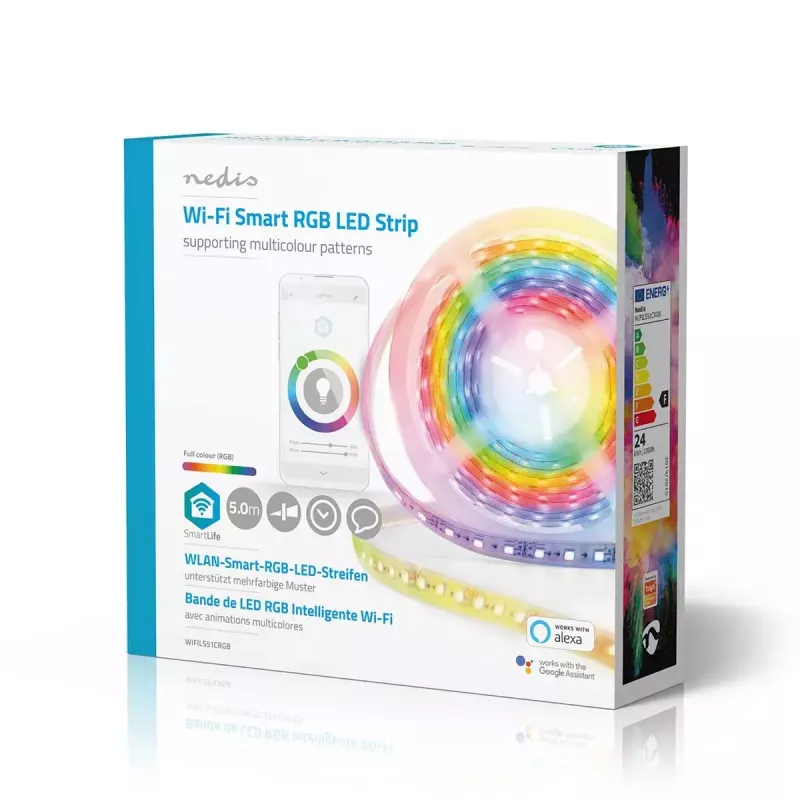 Išmanioji juostelė Nedis WIFILS51CRGB — Wi‑Fi, RGB, 24 W, 1 m laidas, 12 mm plotis