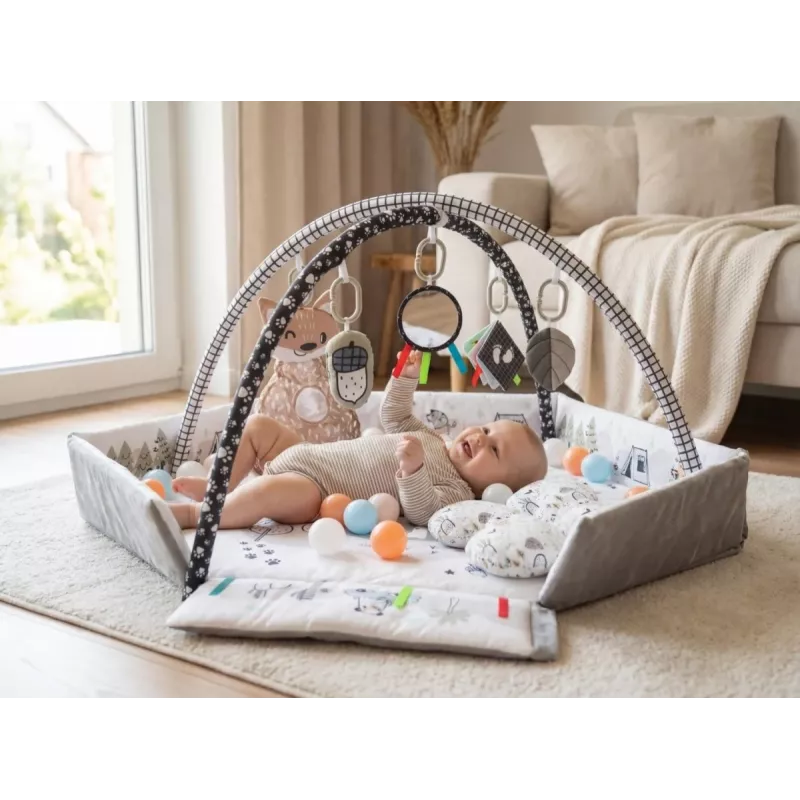 Vaikiškas žaidimų kilimėlis milly mally Baby Mat 5in1 Minky – daugiafunkcis 5-in-1 kūdikių kilimėlis pilvuko mankštai, žaidimui, poilsiui, ropojimui, kelionėms